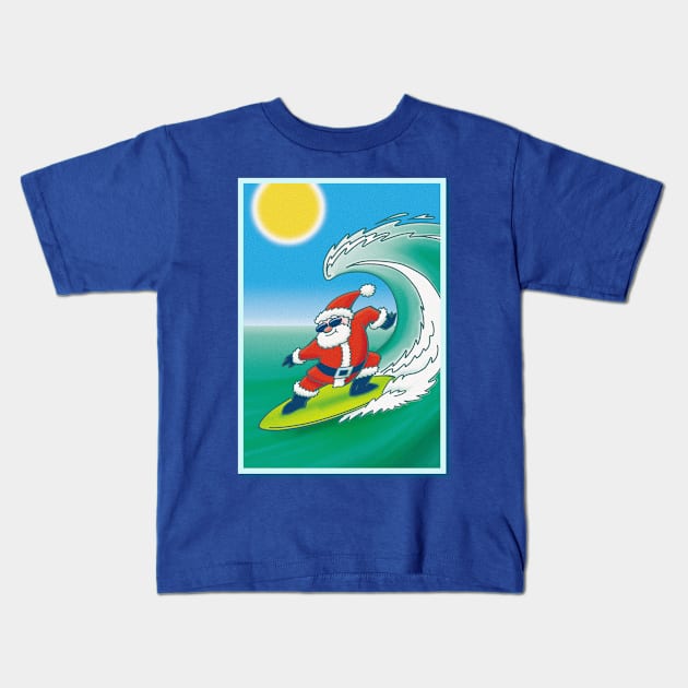 Surfin' Santa Kids T-Shirt by BrownWoodRobot